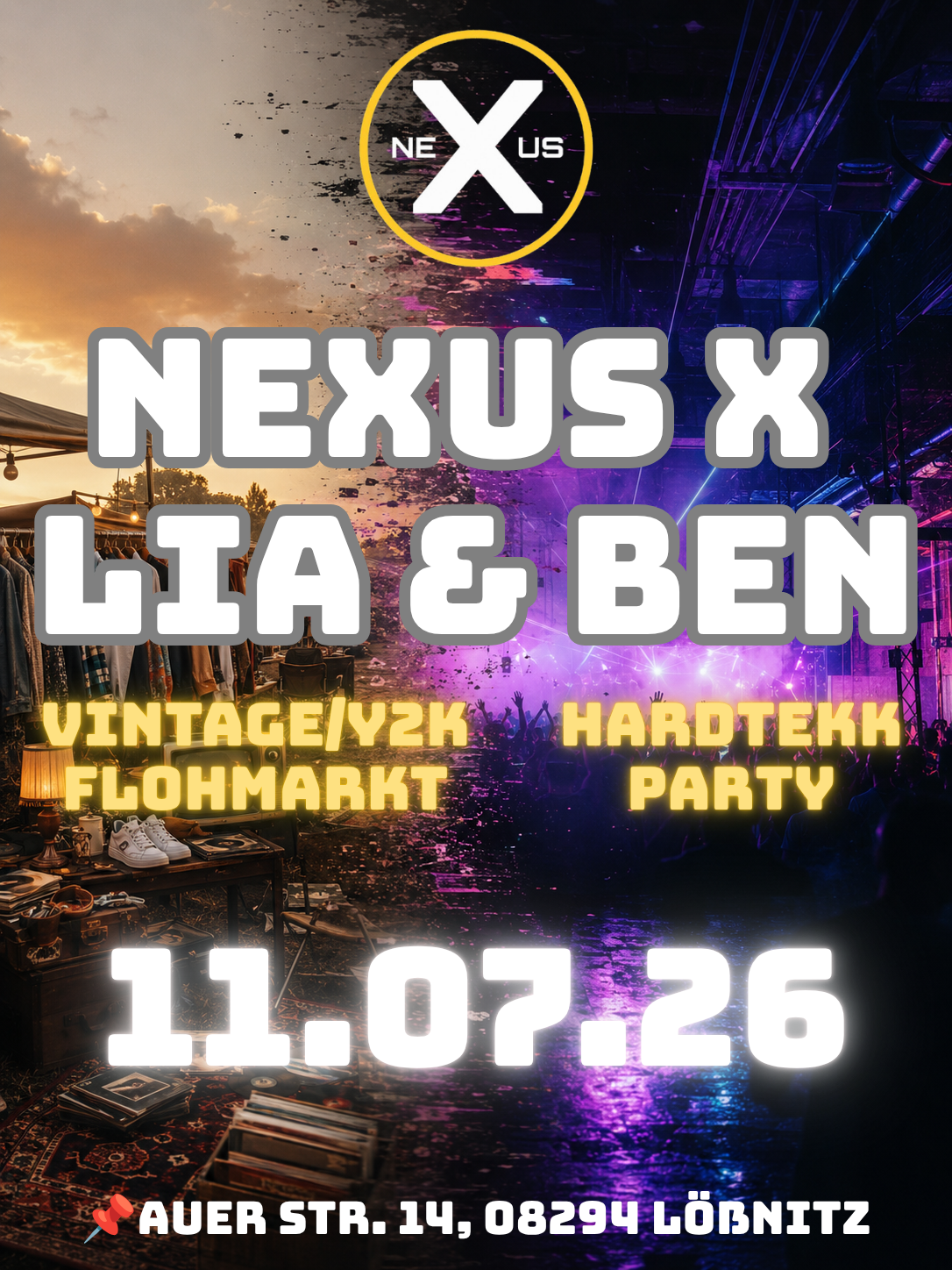 NEXUS x LIA & BEN Event-Flyer — Vintage-Flohmarkt und Hardtekk-Party